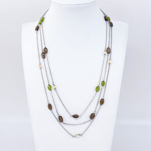 Vintage Sterling Silver Peridot Smoky Quartz Citrine Layered Necklace 17"-19"